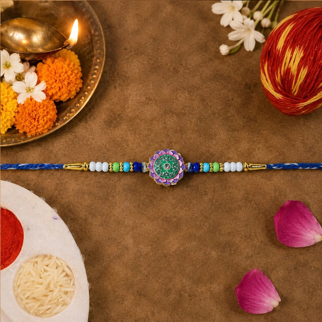 Peacock Feather, Turtle Strength & Elegant Floral Stone Rakhi for Brother (3 Pc)