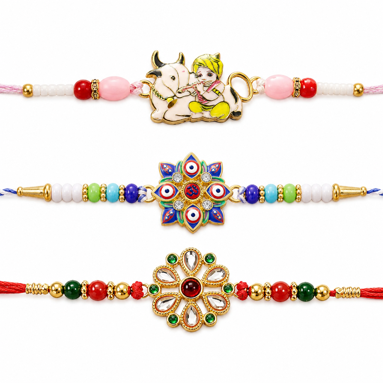 Three distinct bracelets, one with Krishna and cow, one with multi-evil eye Om, and one with floral Kundan, are displayed.
