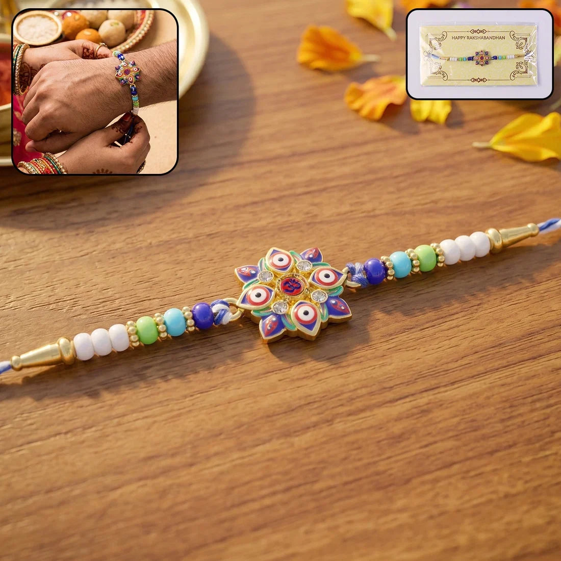 A blue and white bracelet with a multi-evil eye Om charm is on a wooden surface, with an inset showing it on a wrist.