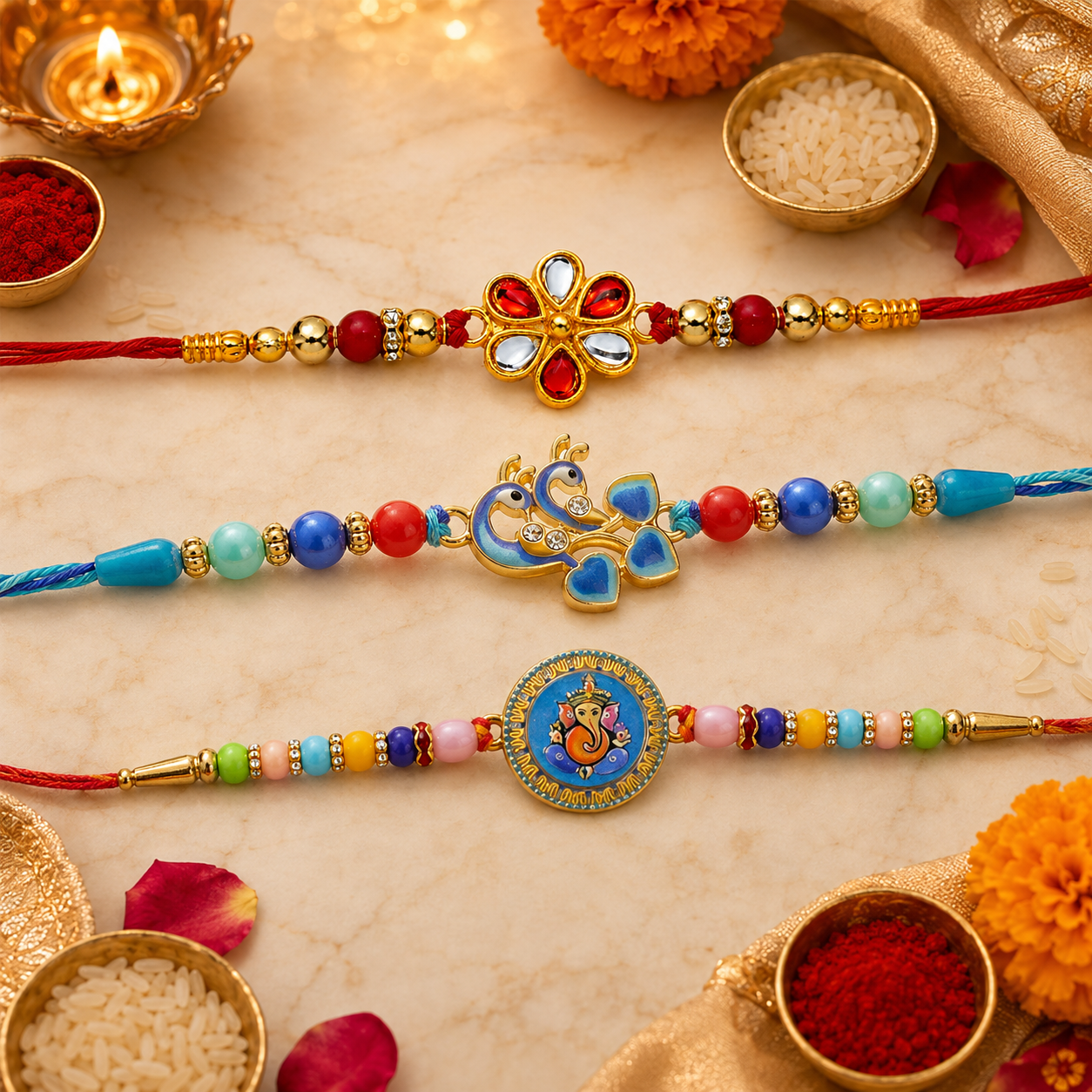 Red White Kundan, Twin Peacock Enamel & Ganesha Coin Rakhi for Brother (3 Pc Set)