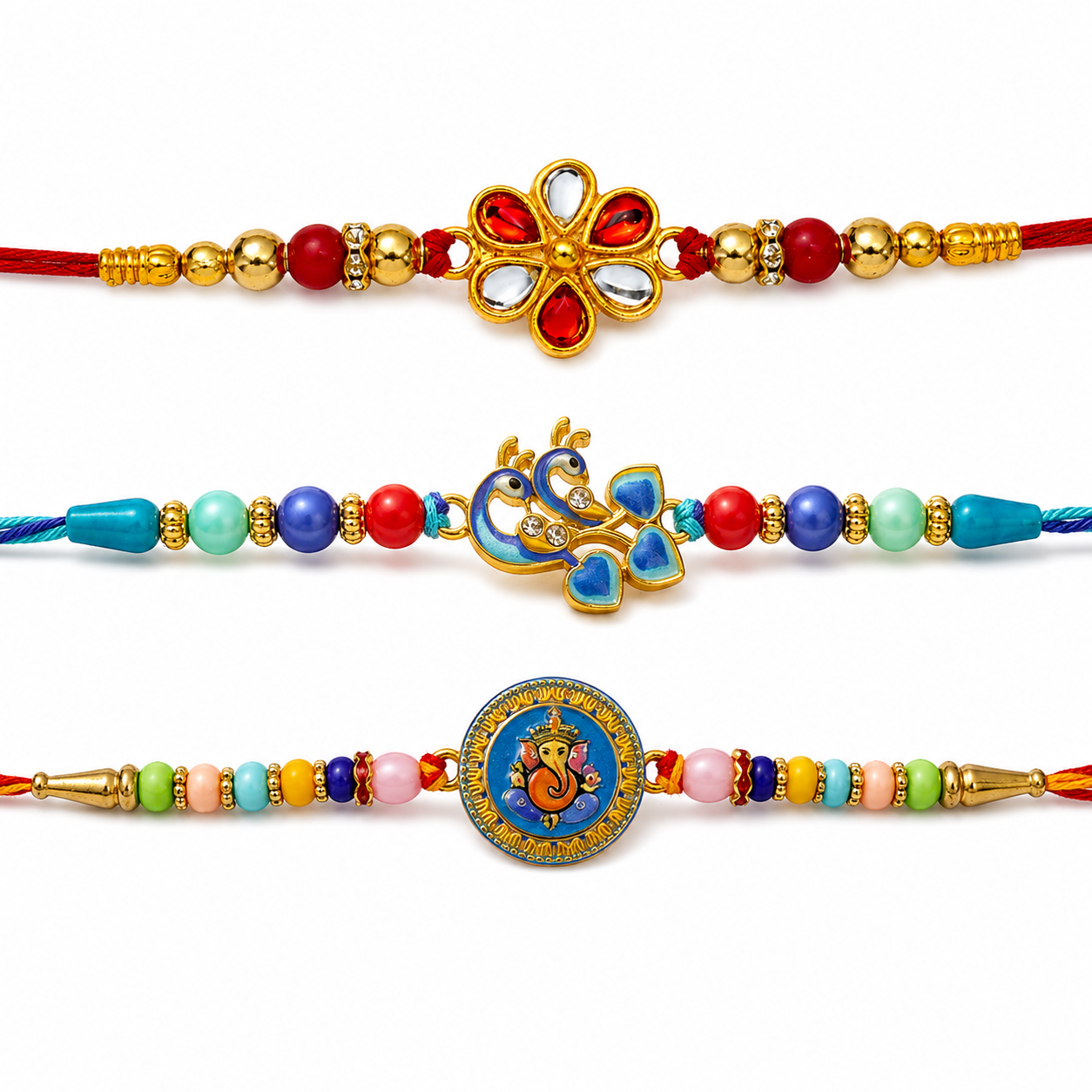 Red White Kundan, Twin Peacock Enamel & Ganesha Coin Rakhi for Brother (3 Pc Set)