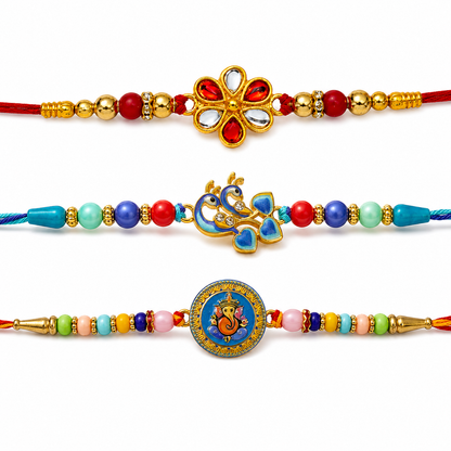 Red White Kundan, Twin Peacock Enamel & Ganesha Coin Rakhi for Brother (3 Pc Set)