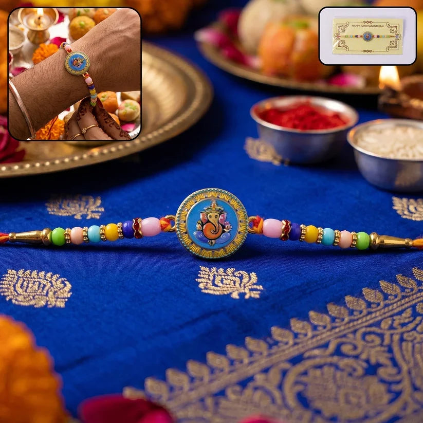 Red White Kundan, Twin Peacock Enamel & Ganesha Coin Rakhi for Brother (3 Pc Set)