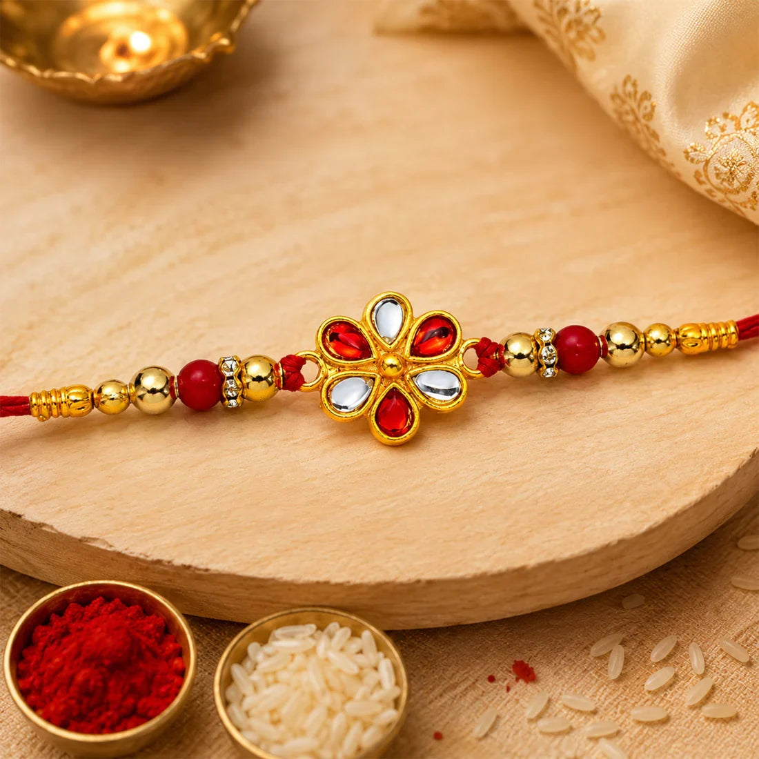 Red White Kundan, Twin Peacock Enamel & Ganesha Coin Rakhi for Brother (3 Pc Set)