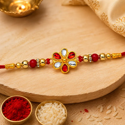 Red White Kundan, Twin Peacock Enamel & Ganesha Coin Rakhi for Brother (3 Pc Set)