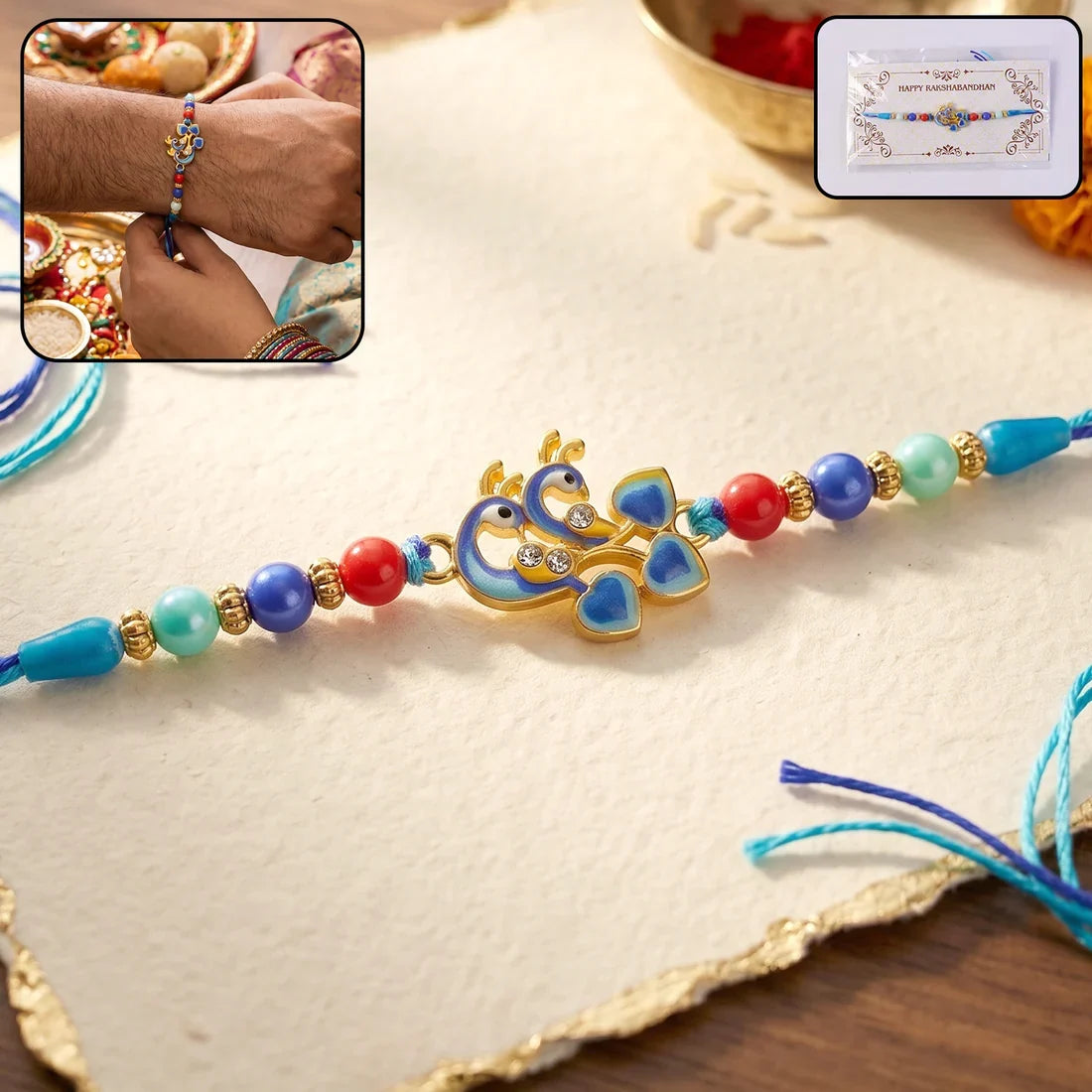 Red White Kundan, Twin Peacock Enamel & Ganesha Coin Rakhi for Brother (3 Pc Set)
