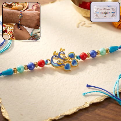 Red White Kundan, Twin Peacock Enamel & Ganesha Coin Rakhi for Brother (3 Pc Set)