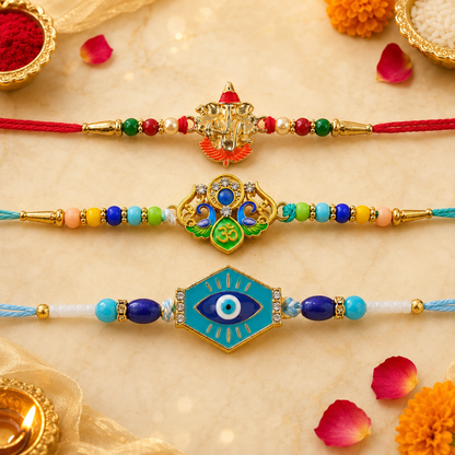 Ganesha Meenakari, Colorful Beads & Turquoise Evil Eye Rakhi for Brother (3 Pc)