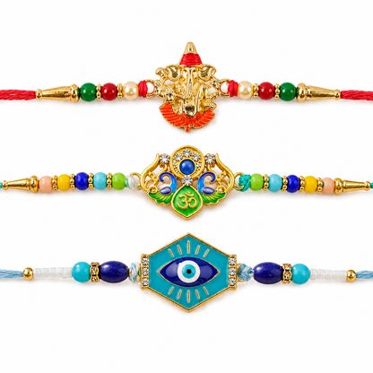 Ganesha Meenakari, Colorful Beads & Turquoise Evil Eye Rakhi for Brother (3 Pc)
