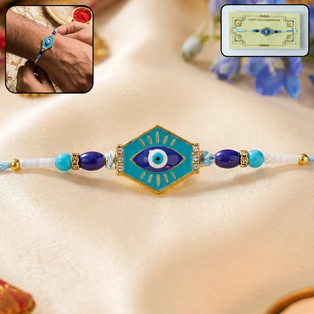 Ganesha Meenakari, Colorful Beads & Turquoise Evil Eye Rakhi for Brother (3 Pc)