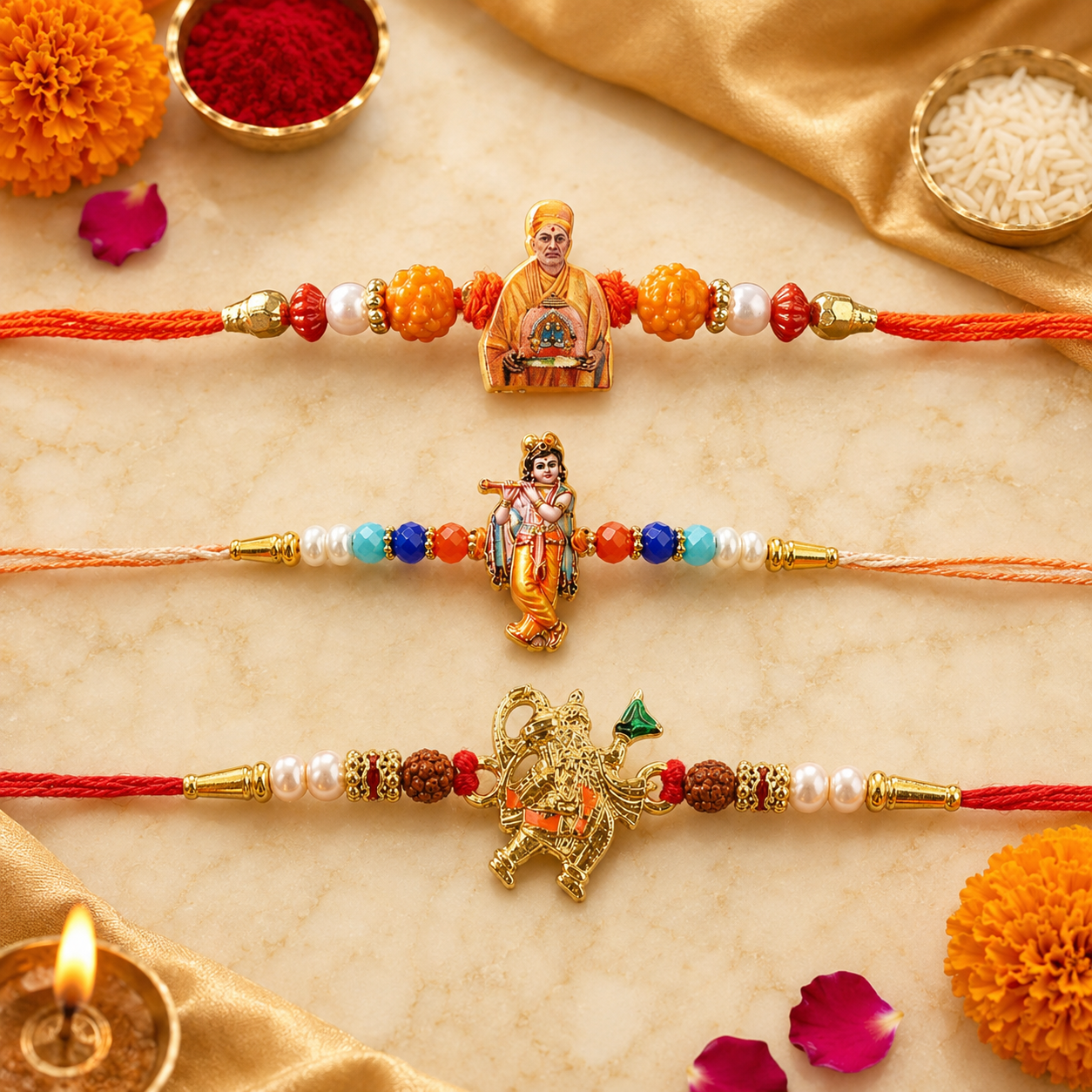 Hanuman Dronagiri, Pramukh Swami & Krishna Flute Idol Rakhi for Brother (3 Pc Set)