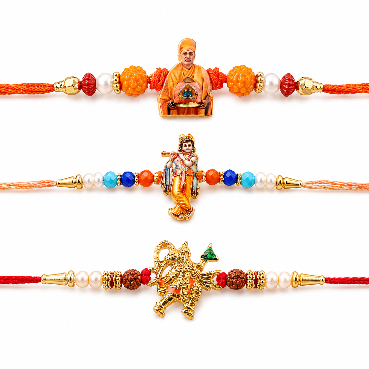 Hanuman Dronagiri, Pramukh Swami & Krishna Flute Idol Rakhi for Brother (3 Pc Set)