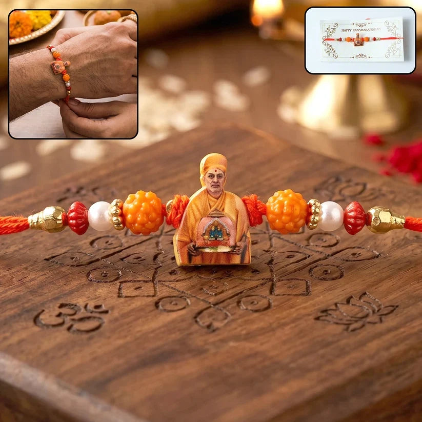 Hanuman Dronagiri, Pramukh Swami & Krishna Flute Idol Rakhi for Brother (3 Pc Set)