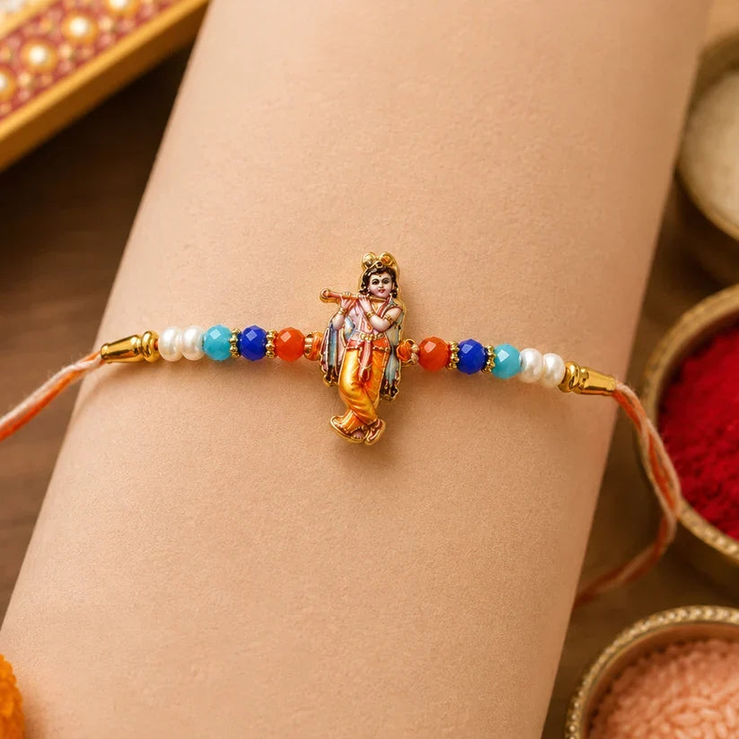 Hanuman Dronagiri, Pramukh Swami & Krishna Flute Idol Rakhi for Brother (3 Pc Set)