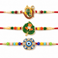 Green Tulsi Leaf, Evil Eye Floral Petal & Ganpati Design Rakhi for Brother (3 Pc)