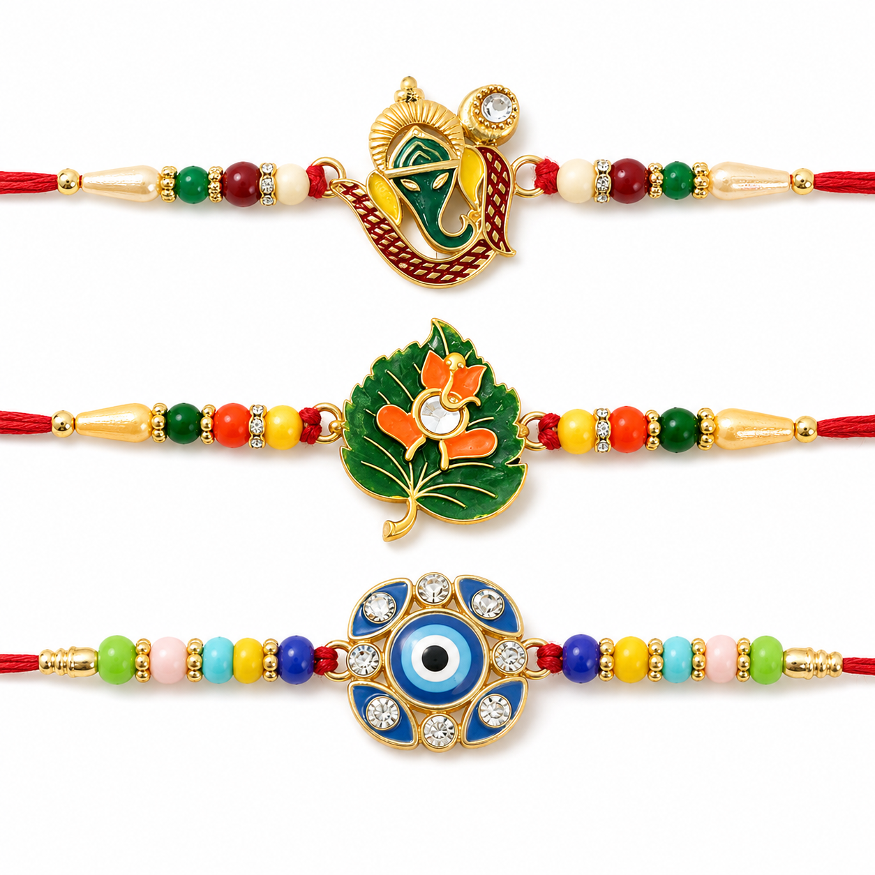 Green Tulsi Leaf, Evil Eye Floral Petal & Ganpati Design Rakhi for Brother (3 Pc)