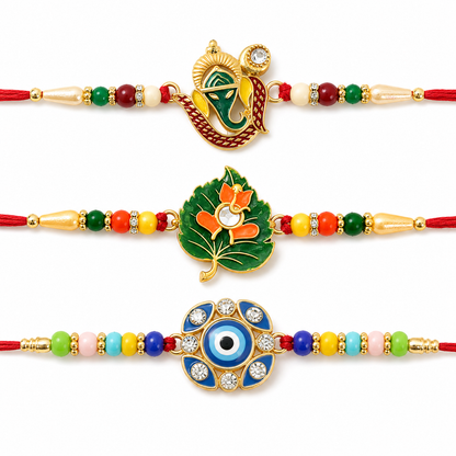 Green Tulsi Leaf, Evil Eye Floral Petal & Ganpati Design Rakhi for Brother (3 Pc)