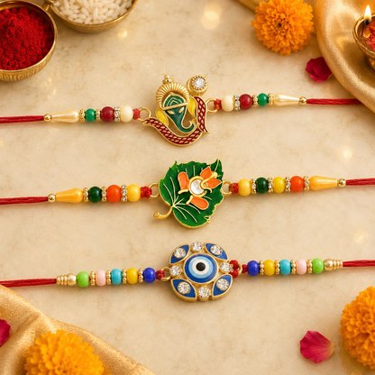 Green Tulsi Leaf, Evil Eye Floral Petal & Ganpati Design Rakhi for Brother (3 Pc)