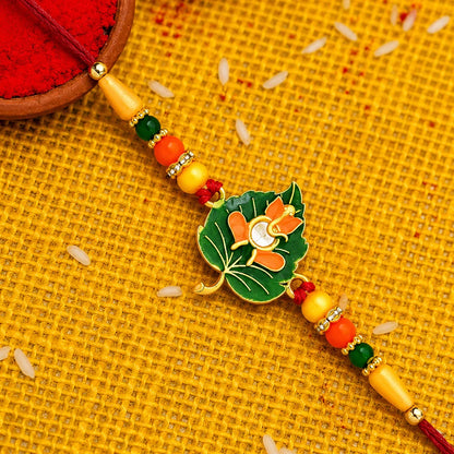 Green Tulsi Leaf, Evil Eye Floral Petal & Ganpati Design Rakhi for Brother (3 Pc)