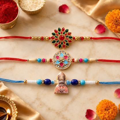 Khatu Shyam Ji, Pink-Blue Floral Enamel & Red Green Stone Rakhi for Brother (3 Pc)
