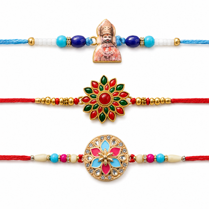 Khatu Shyam Ji, Pink-Blue Floral Enamel & Red Green Stone Rakhi for Brother (3 Pc)