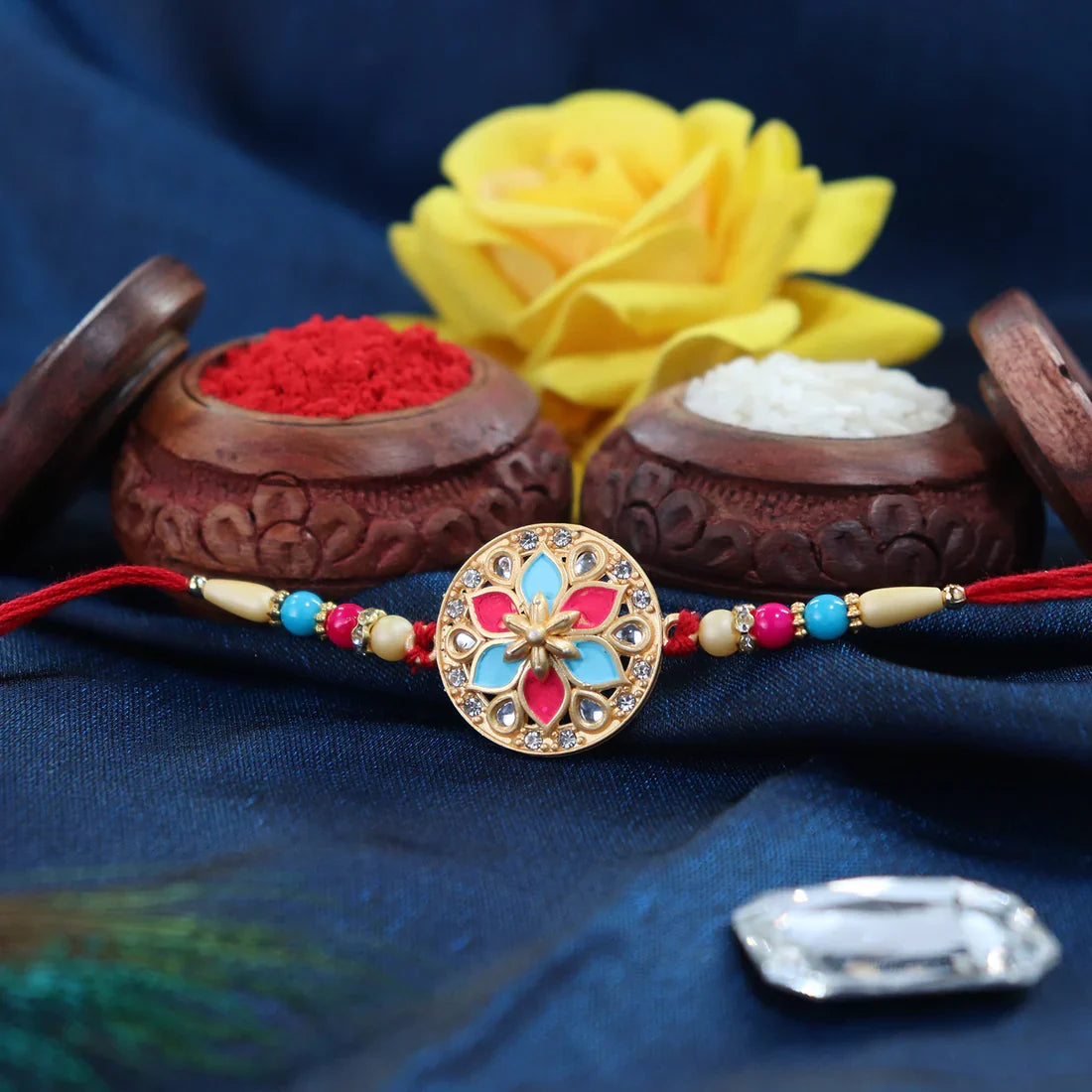 Khatu Shyam Ji, Pink-Blue Floral Enamel & Red Green Stone Rakhi for Brother (3 Pc)