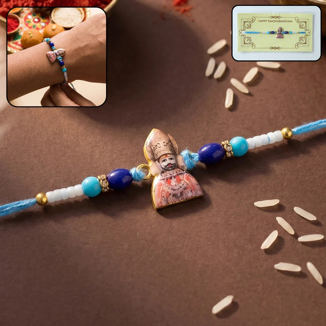 Khatu Shyam Ji, Pink-Blue Floral Enamel & Red Green Stone Rakhi for Brother (3 Pc)