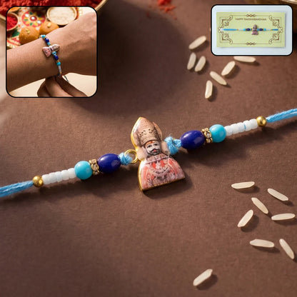 Khatu Shyam Ji, Pink-Blue Floral Enamel & Red Green Stone Rakhi for Brother (3 Pc)