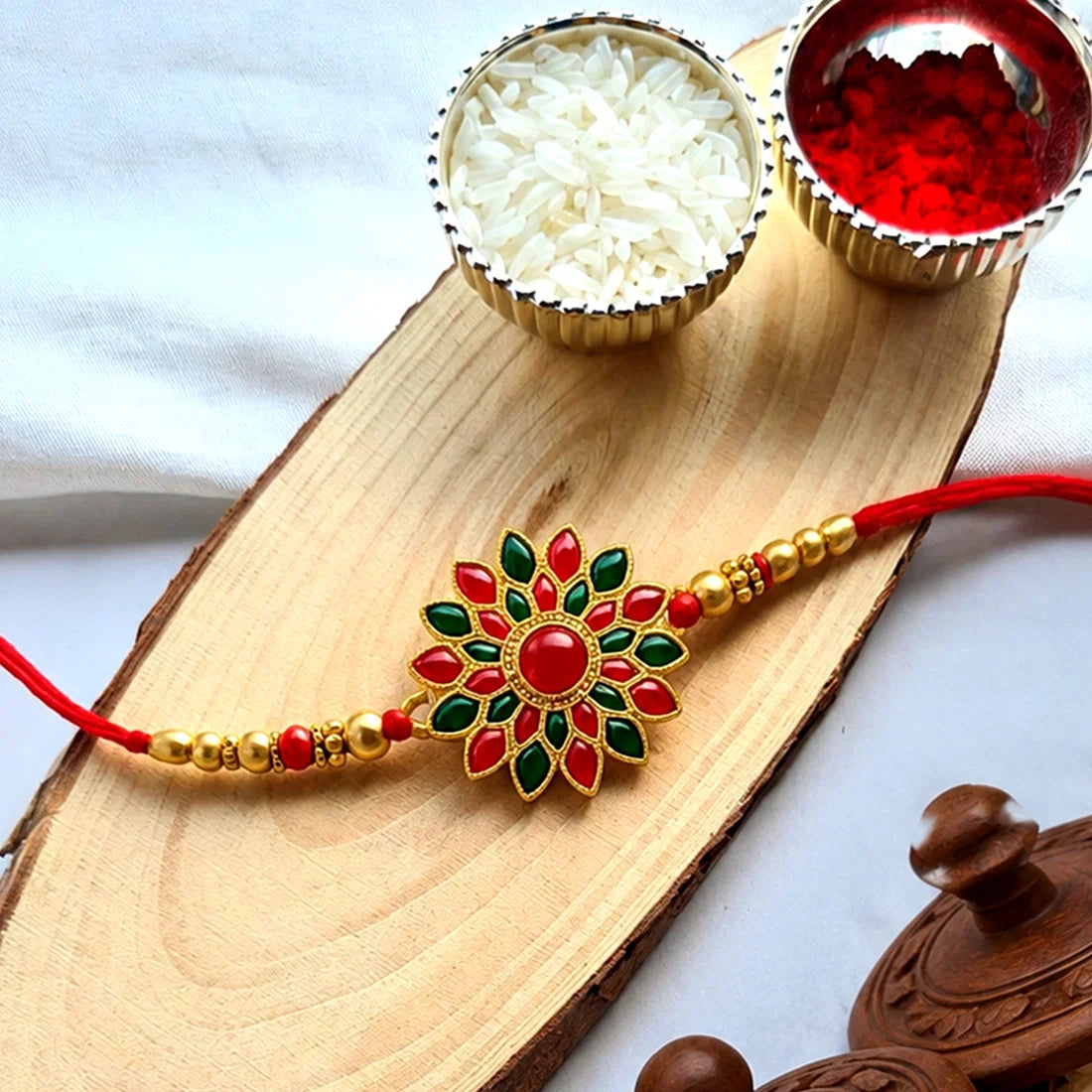Khatu Shyam Ji, Pink-Blue Floral Enamel & Red Green Stone Rakhi for Brother (3 Pc)