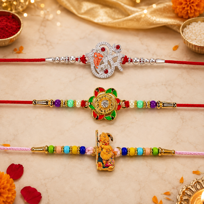 Gold-Plated Floral, Silver Ganesh Bracelet & Hanuman Ji Rakhi for Brother (3 Pc)