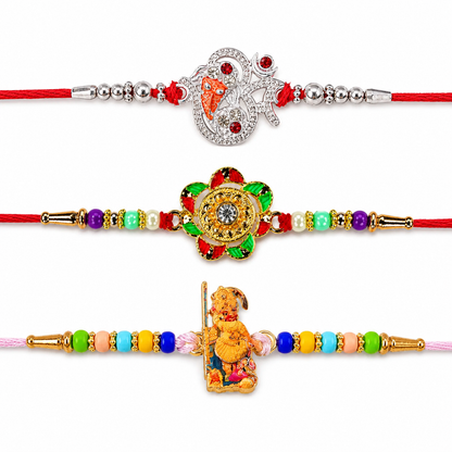 Gold-Plated Floral, Silver Ganesh Bracelet & Hanuman Ji Rakhi for Brother (3 Pc)
