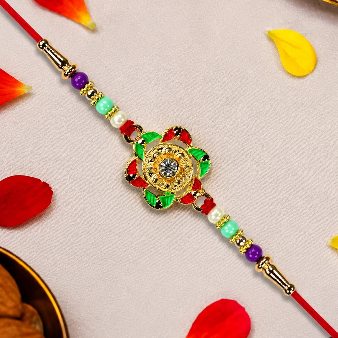 Gold-Plated Floral, Silver Ganesh Bracelet & Hanuman Ji Rakhi for Brother (3 Pc)