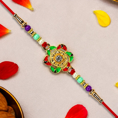 Gold-Plated Floral, Silver Ganesh Bracelet & Hanuman Ji Rakhi for Brother (3 Pc)