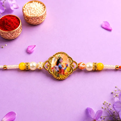 Geometric Ring, Lord Krishna Photo & Colorful Flower Rakhi for Brother (3 Pc Set)