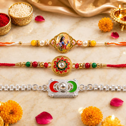 Geometric Ring, Lord Krishna Photo & Colorful Flower Rakhi for Brother (3 Pc Set)