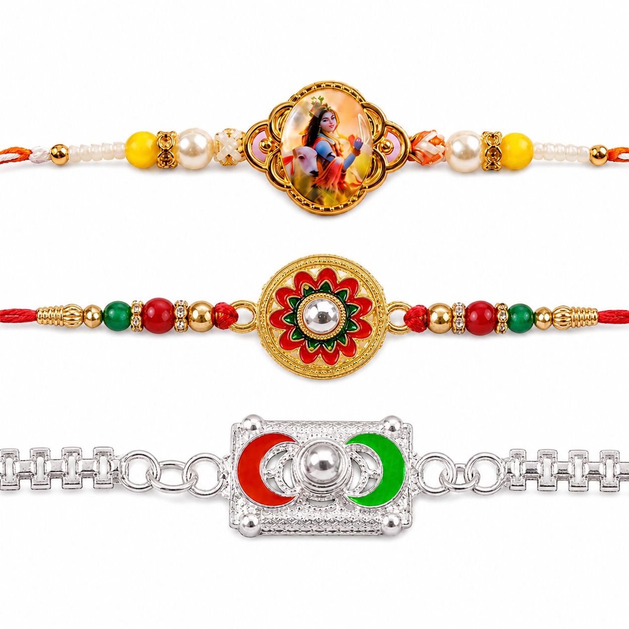 Geometric Ring, Lord Krishna Photo & Colorful Flower Rakhi for Brother (3 Pc Set)