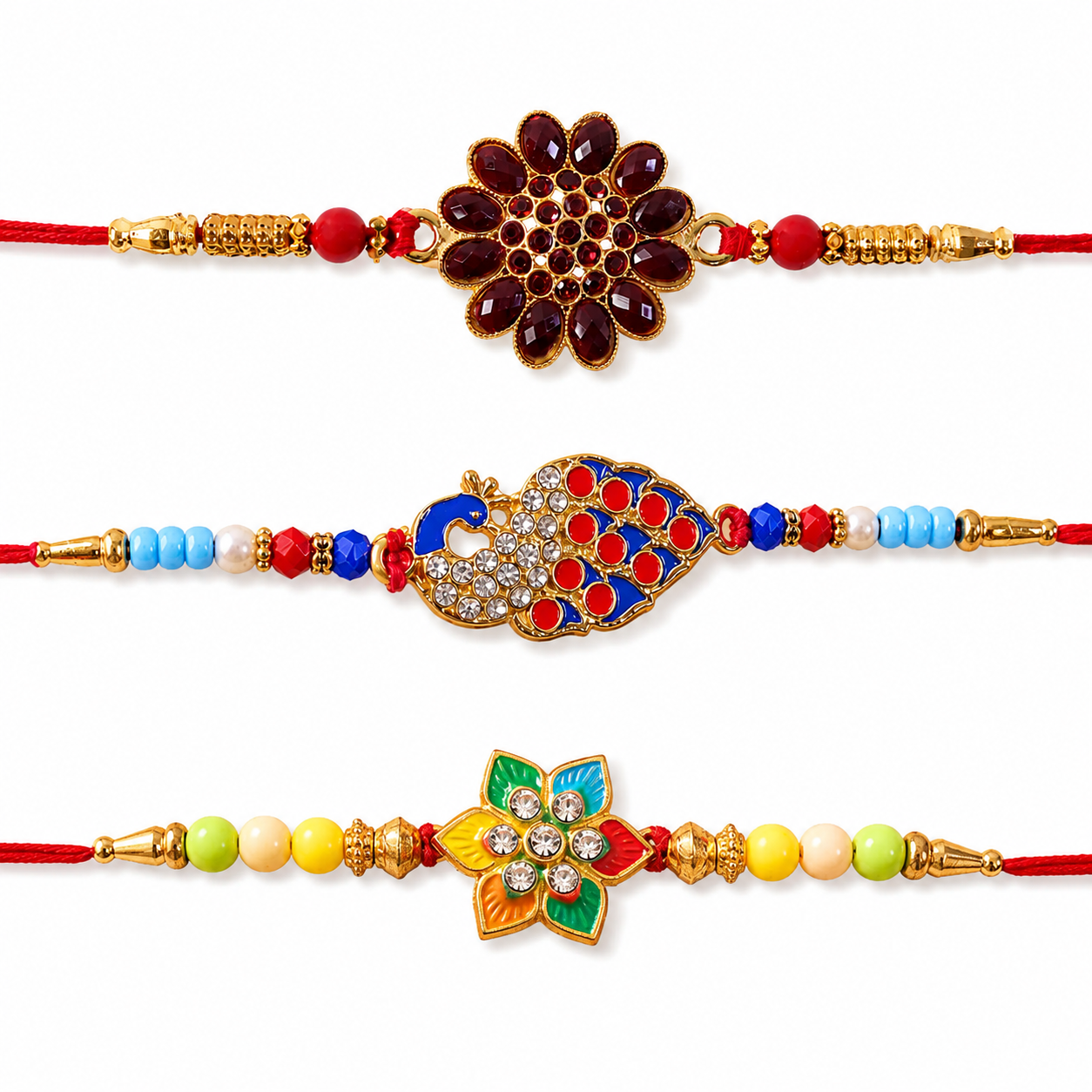 Red Floral Stone, Peacock Paisley Studded & Star Kundan Rakhi for Brother (3 Pc)
