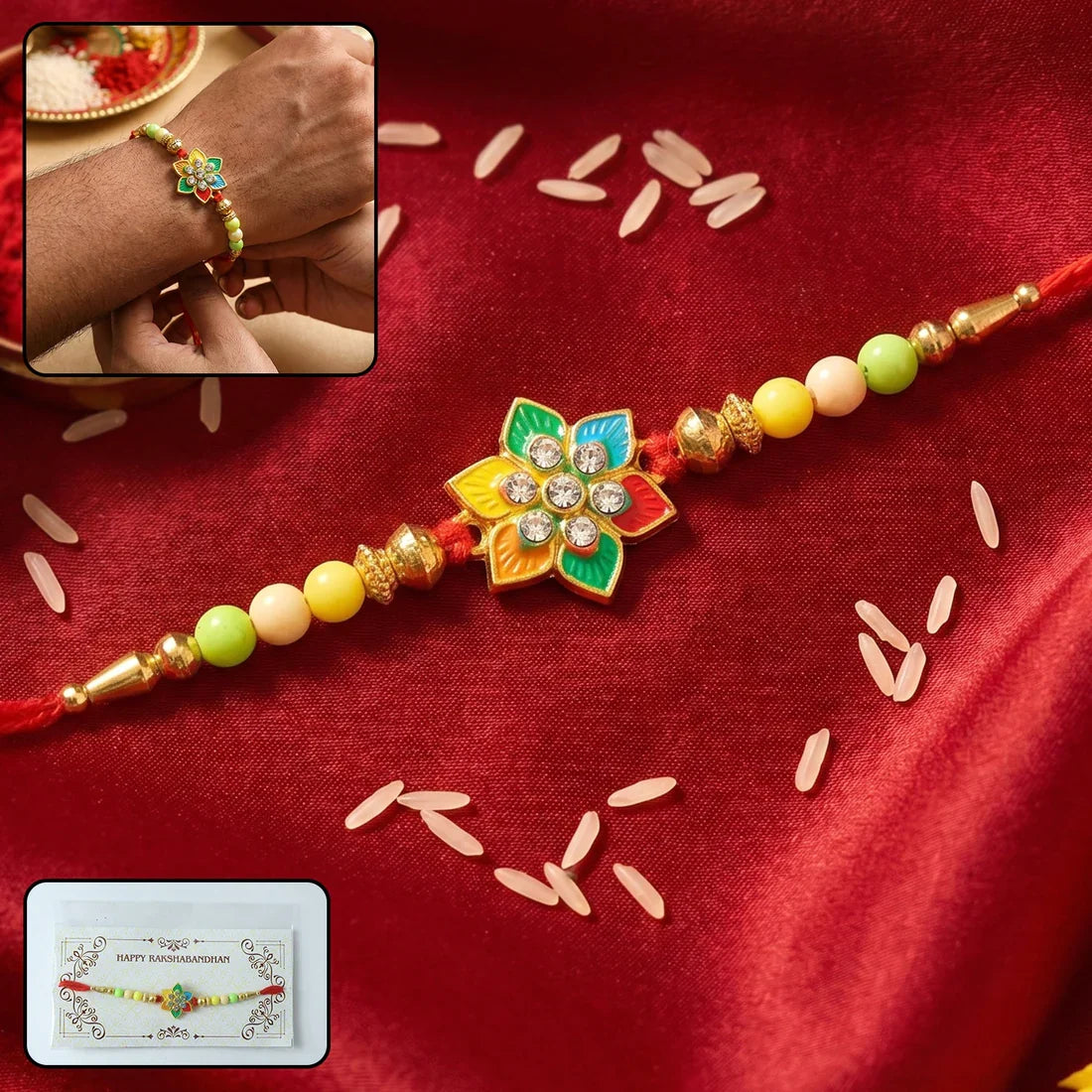 Red Floral Stone, Peacock Paisley Studded & Star Kundan Rakhi for Brother (3 Pc)