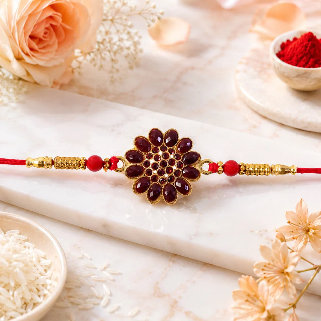 Red Floral Stone, Peacock Paisley Studded & Star Kundan Rakhi for Brother (3 Pc)