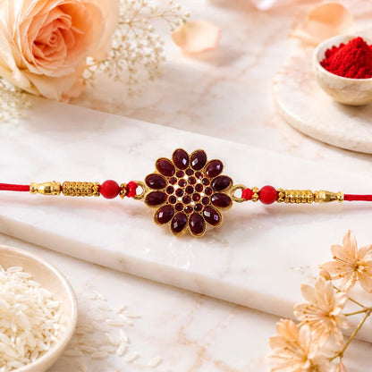 Red Floral Stone, Peacock Paisley Studded & Star Kundan Rakhi for Brother (3 Pc)