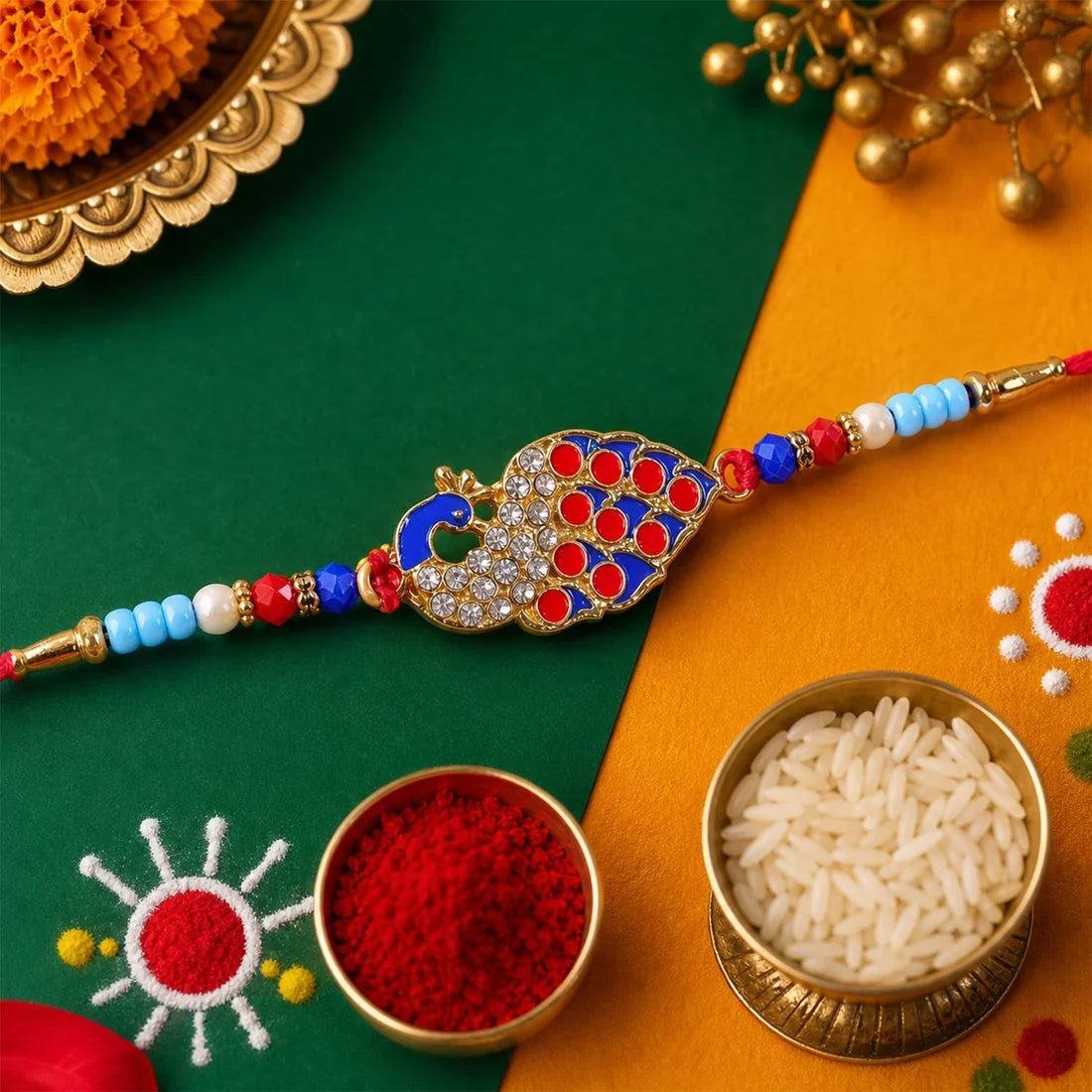 Red Floral Stone, Peacock Paisley Studded & Star Kundan Rakhi for Brother (3 Pc)