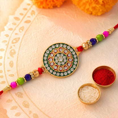 Royal Kundan Enamel, Radha Krishna Charm & Silver Ganesha Rakhi for Brother (3 Pc)