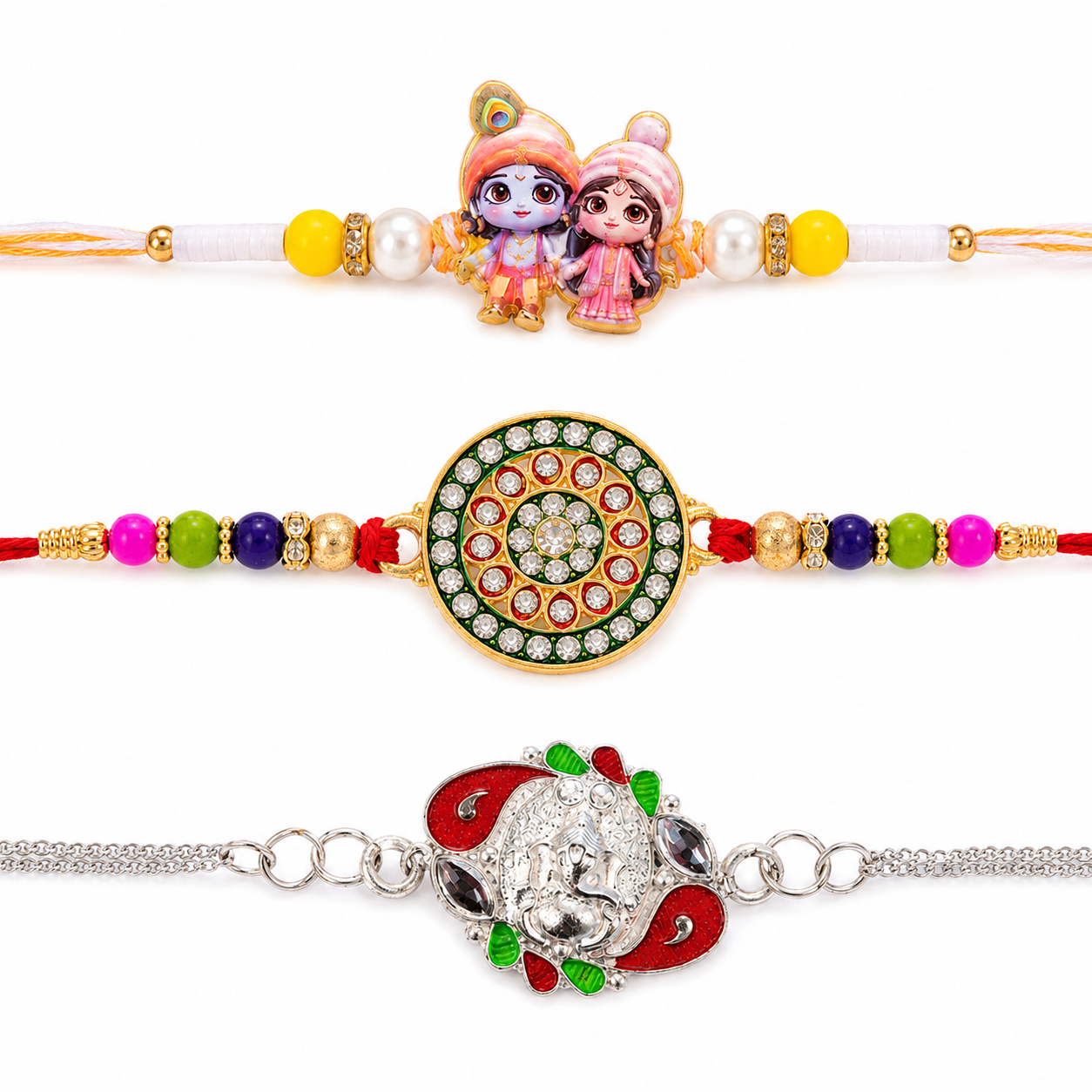 Royal Kundan Enamel, Radha Krishna Charm & Silver Ganesha Rakhi for Brother (3 Pc)