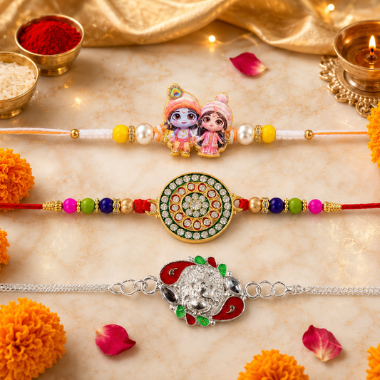 Royal Kundan Enamel, Radha Krishna Charm & Silver Ganesha Rakhi for Brother (3 Pc)