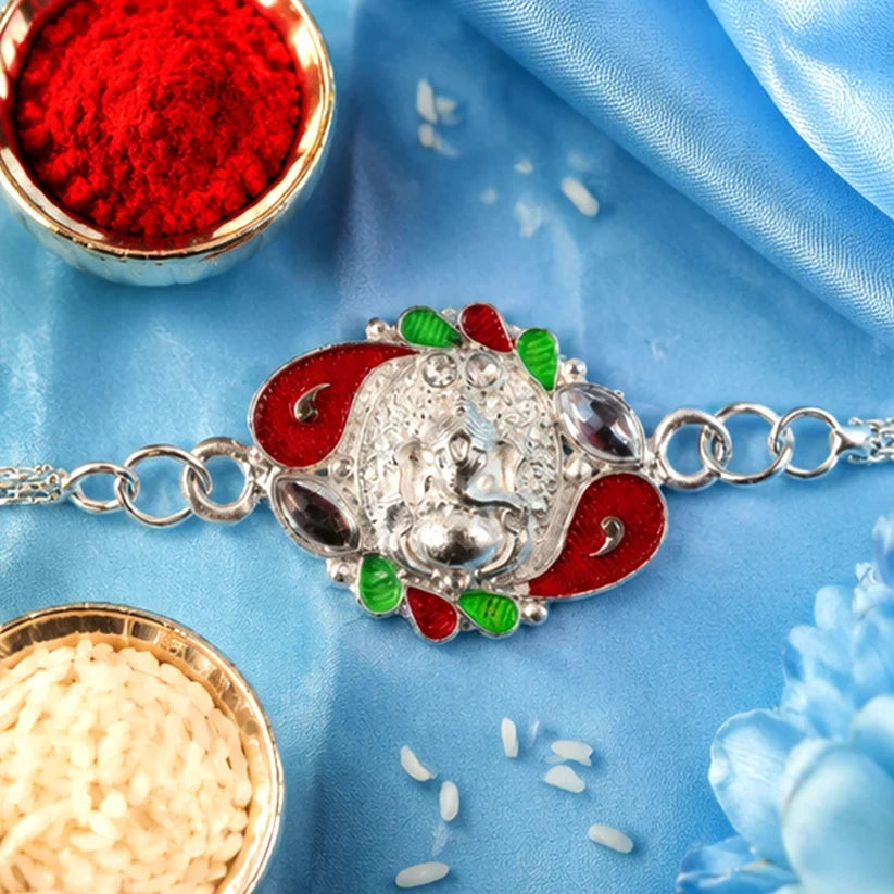 Royal Kundan Enamel, Radha Krishna Charm & Silver Ganesha Rakhi for Brother (3 Pc)