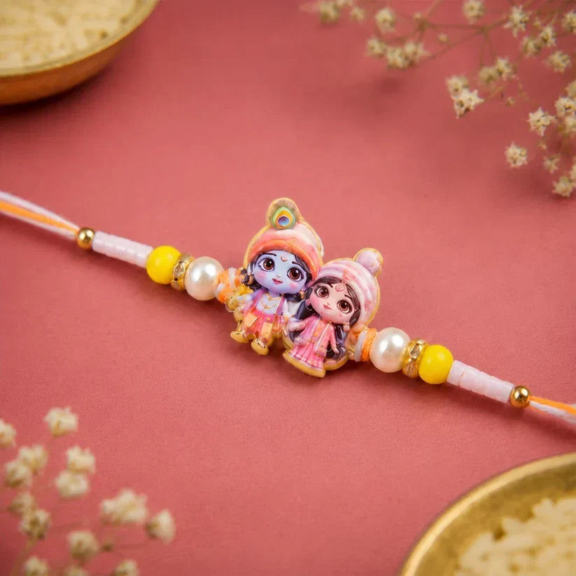 Royal Kundan Enamel, Radha Krishna Charm & Silver Ganesha Rakhi for Brother (3 Pc)