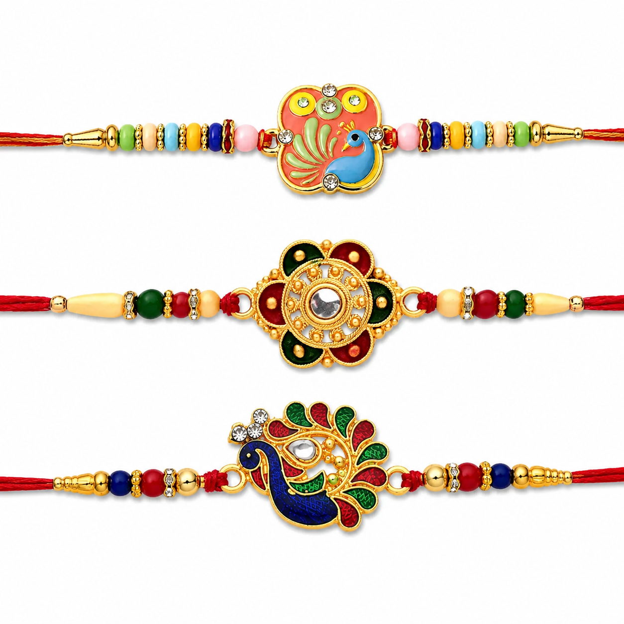 Traditional Peacock, Classic Indian & Colorful Beads Rakhi for Brother (3 Pc Set)