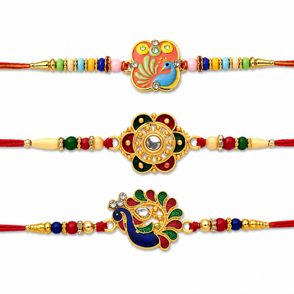 Traditional Peacock, Classic Indian & Colorful Beads Rakhi for Brother (3 Pc Set)
