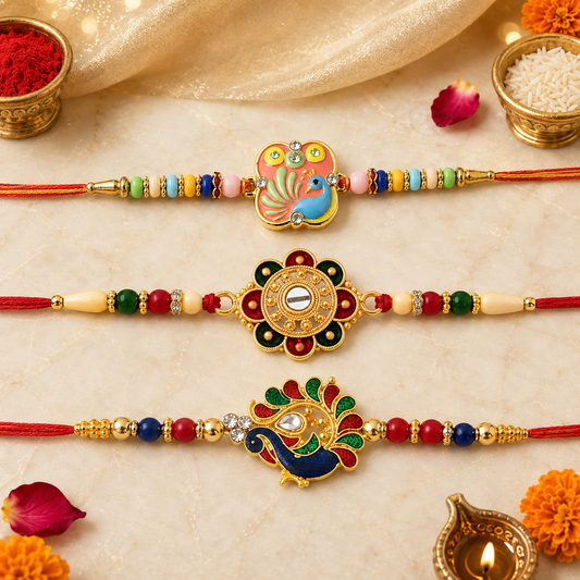 Traditional Peacock, Classic Indian & Colorful Beads Rakhi for Brother (3 Pc Set)