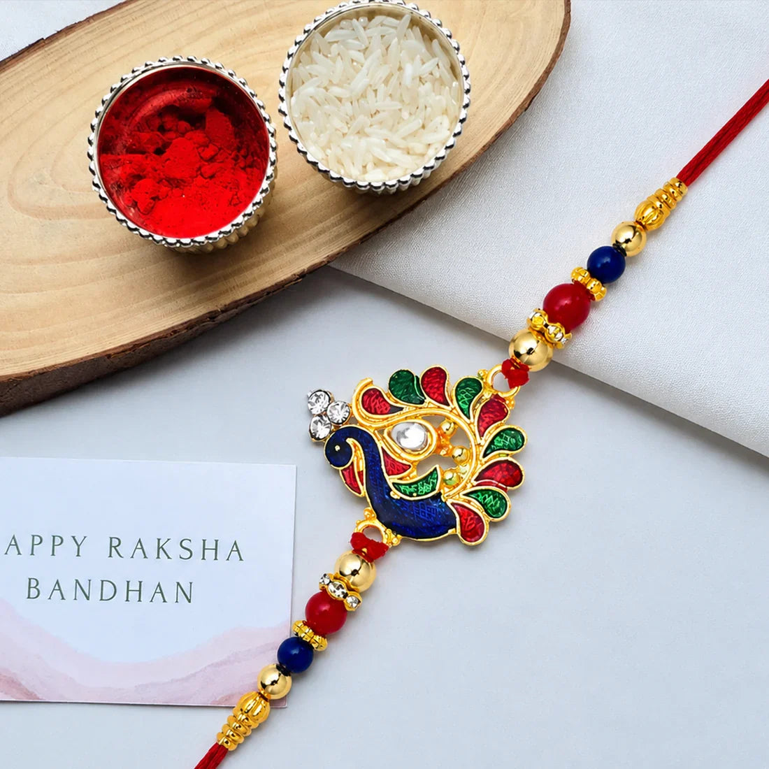 Traditional Peacock, Classic Indian & Colorful Beads Rakhi for Brother (3 Pc Set)